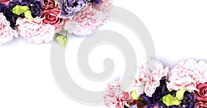 Estive floral arrangement in pastel colors. Purple and pink flowers on white background.