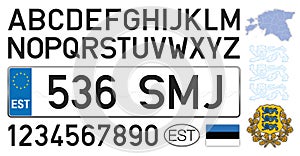 Estonia car license plate, letters, numbers and symbols, vector illustration, European Union