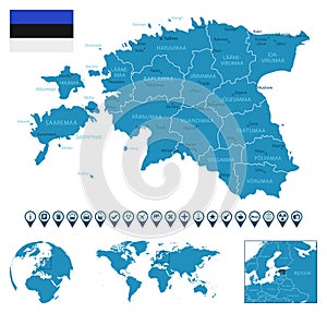 Estonia - detailed blue country map with cities, regions, location on world map and globe. Infographic icons