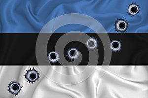 Estonia flag Close-up shot on waving background texture with bullet holes. The concept of design solutions. 3d rendering