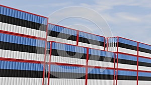 Estonia flag containers are located at the container terminal. Concept for Estonia import and export 3D