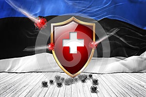Estonia flag with Metal Shiny red shield. virus protection, hygiene shield. virus Vaccine Protection aganst coronavirus, Health