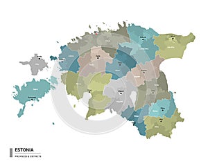 Estonia higt detailed map with subdivisions. Administrative map of Estonia with districts and cities name, colored by states and