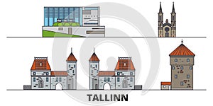 Estonia, Tallinn flat landmarks vector illustration. Estonia, Tallinn line city with famous travel sights, skyline