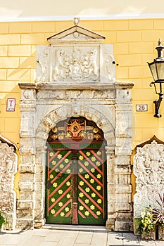 Estonia, Tallinn, Pikk Street, Mustpeade Maja House of the Brotherhood of Blackheads, doorway