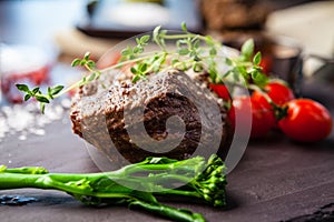 Estonian beef tenderloin steak. Delicious healthy traditional food closeup served for lunch in modern gourmet cuisine