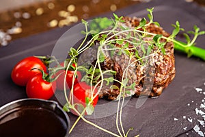 Estonian beef tenderloin steak. Delicious healthy traditional food closeup served for lunch in modern gourmet cuisine