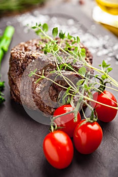 Estonian beef tenderloin steak. Delicious healthy traditional food closeup served for lunch in modern gourmet cuisine