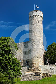 Estonian flag on Tall Hermann Tower on Toompea Hill in the Old Town of Tallinn, Estonia