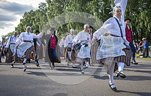 Estonian folk singers and dancers at the song festival grounds in Pirita