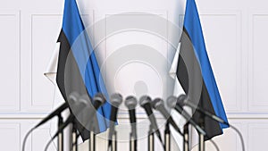 Estonian official press conference. Flags of Estonia and microphones. Conceptual 3D rendering