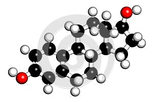 Estradiol estrogen female sex hormone molecule. 3D rendering. Atoms are represented as spheres with conventional color coding:.