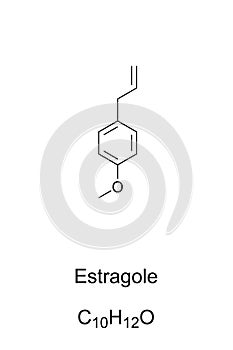 Estragole, methyl chavicol, chemical formula and skeletal structure photo