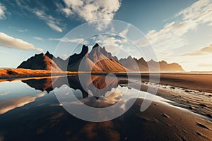 estrahorn mountain range and Stokksnes beach panorama in Iceland