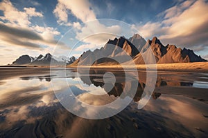 estrahorn mountain range and Stokksnes beach panorama in Iceland