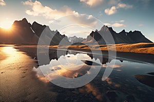 estrahorn mountain range and Stokksnes beach panorama in Iceland