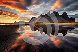 estrahorn mountain range and Stokksnes beach panorama in Iceland