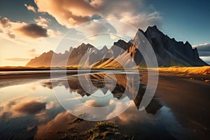 estrahorn mountain range and Stokksnes beach panorama in Iceland