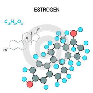 Estrogen. Chemical structural formula and model of molecule. C18H24O2