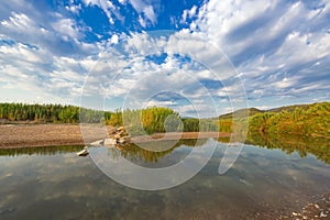 Estuary of a small river on a sandy beach, Greece.