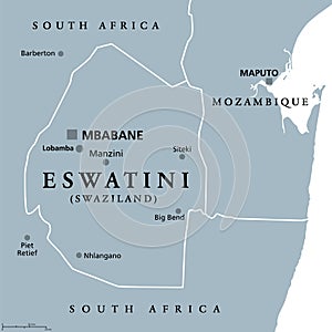 Eswatini, formerly named Swaziland, gray political map