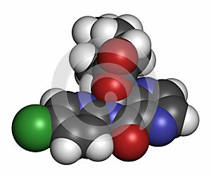 Eszopiclone hypnotic drug molecule (sleeping pill). Atoms are represented as spheres with conventional color coding: hydrogen ( photo