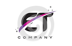 ET E T Black Letter Logo Design with Purple Magenta Swoosh