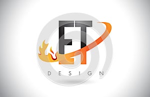 ET E T Letter Logo with Fire Flames Design and Orange Swoosh.