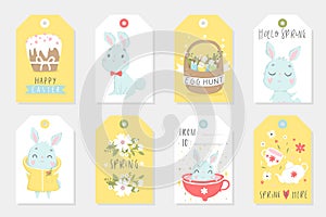 Et of Easter gift tags and labels with cute cartoon characters and type design