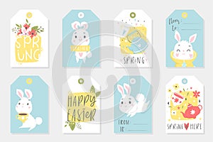 Et of Easter gift tags and labels with cute cartoon characters and type design