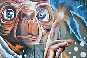 ET in the mural at the entrance to the cinema made by Alain Welter in Koler, Luxembourg