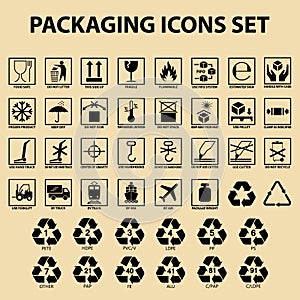 Et of packaging icons, packing cargo labels, delivery service symbols