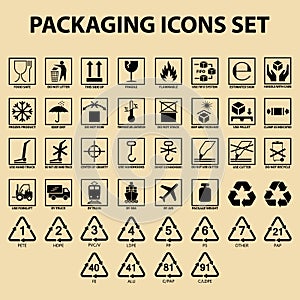 Et of packaging icons, packing cargo labels, delivery service symbols