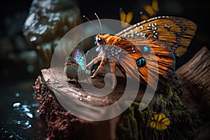 etail, surreal imageryFairy Tale Showdown: Butterfly vs Insect on Waterfall Log