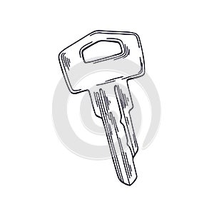Etched drawing of modern contoured door key. Outlined engraving of locking house item drawn in retro detailed style