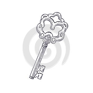 Etched old door key drawn in vintage style. Engraved drawing of ancient antique noble medieval victorian locking item