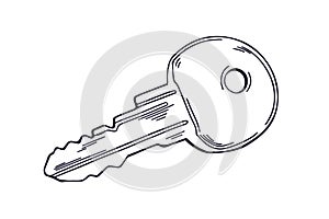 Etched outlined apartment door key drawn in vintage style. Black and white detailed engraving art of modern locking