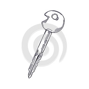 Etched woodcut drawing of long door key drawn in vintage style. Contoured engraved sketchy locking item. Detailed