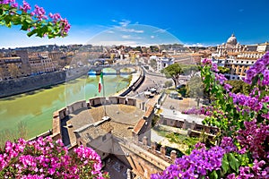 Eternal city of Rome. Panoramic colorful view over Tiber river and historic Rome landmarks