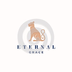 Eternal Grace Abstract Vector Sign, Emblem or Logo Template. Gracefull Sitting Lioness Silhouette with the Infinity