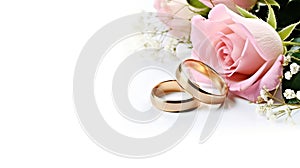 Eternal Love Pink Flowers and Two Golden Wedding Rings on a White Background. created with Generative AI