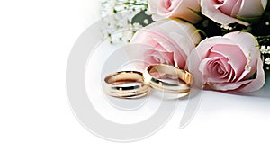 Eternal Love Pink Flowers and Two Golden Wedding Rings on a White Background. created with Generative AI