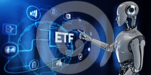 ETF Exchange traded fund investment stock market. Robot pressing virtual button 3d render illustration