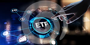 ETF Exchange-Traded Fund Investment Strategy, projection on a virtual screen, Business and Technology Concept photo