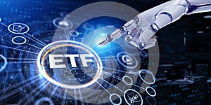 ETF Exchange-traded fund stock market business finance investment concept. 3d render robot pressing button