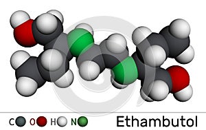 EthambutolÐµ, EMB molecule. It is bacteriostatic agent used for treatment of tuberculosis. Molecular model. 3D rendering