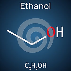 Ethanol, C2H5OH molecule. It is a primary alcohol, an alkyl alcohol. Structural chemical formula on the dark blue