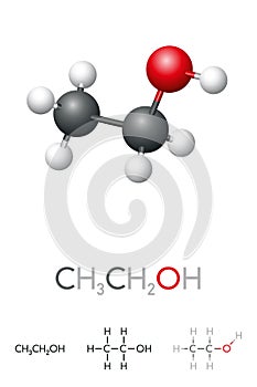 Ethanol, CH3CH2OH, ethyl alcohol, molecule model and chemical formula photo