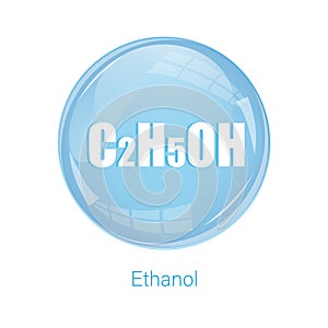 Ethanol fluid icon. C2H5OH formula text. Blue sphere Vector. Round glossy badge.