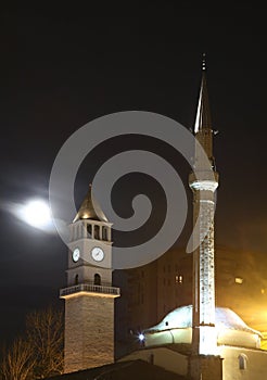 Ethem Bey mosque and clock tower in Tirana. Albania